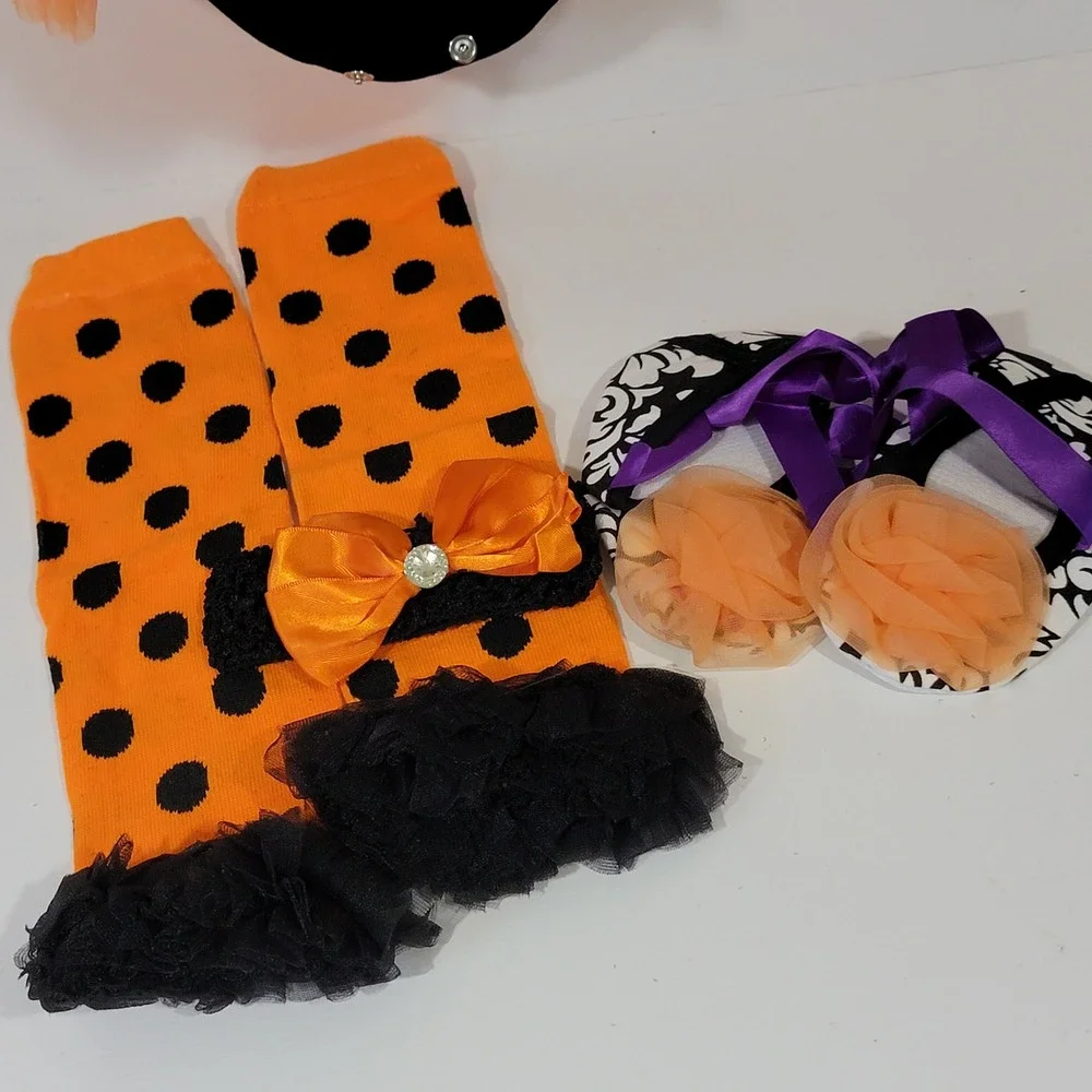 AOZKY Baby Girls Halloween Pumpkin Tutu Bodysuit Leg Warmers Shoes Set 6-12M